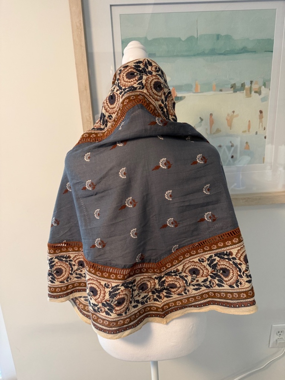 J. Jill Gray Blue and Brown Floral Border Scarf Wrap